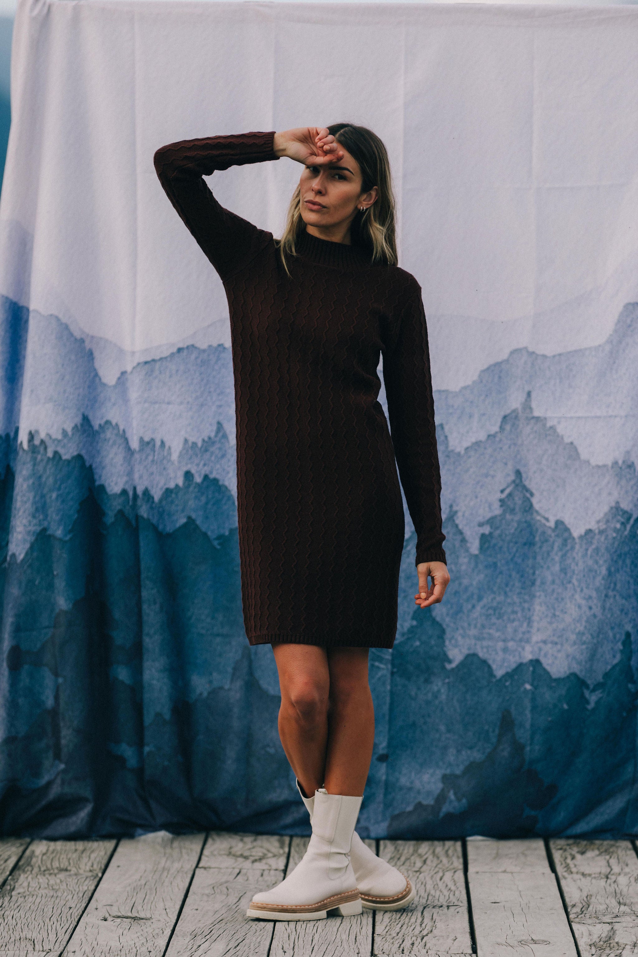 Zigzag Turtle Neck Dress - Chocolate