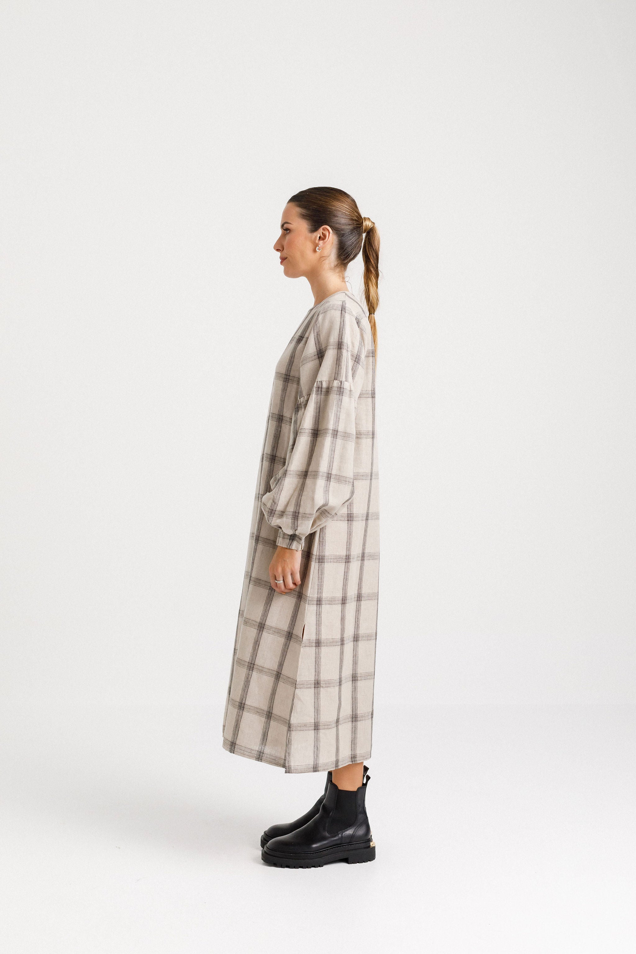 Billowing Dress - Oat Plaid