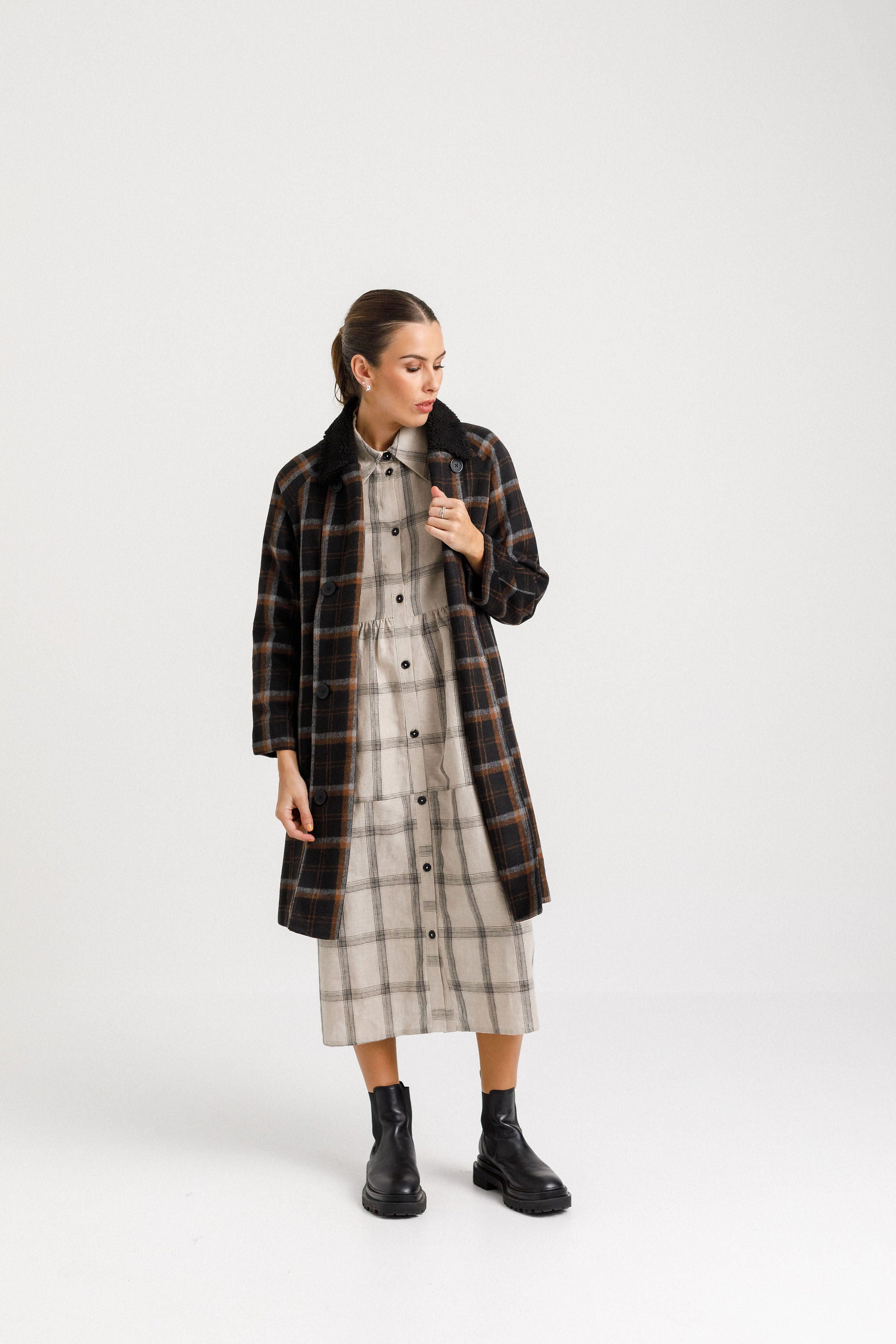 Aleah Dress - Oat Plaid