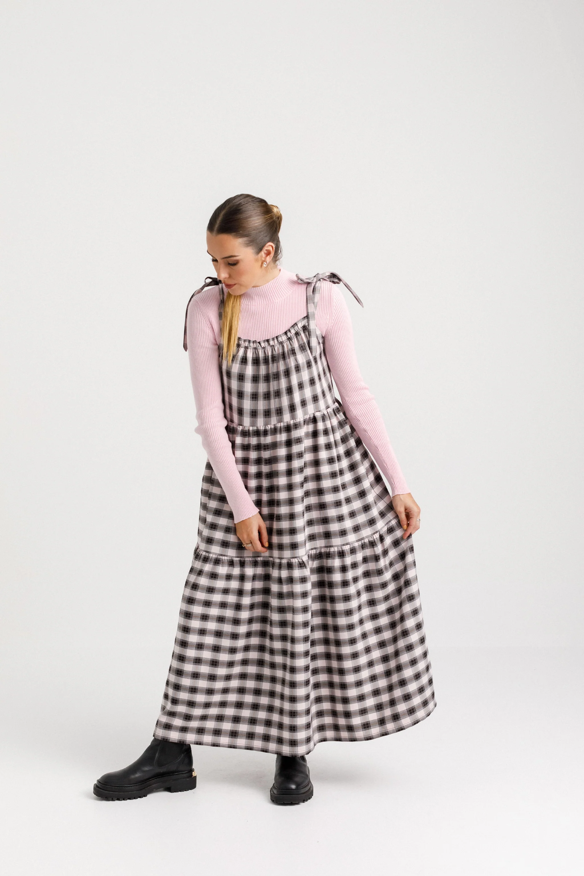 Coming Soon - Tie Up Ziggy Dress - Soft Pink Check