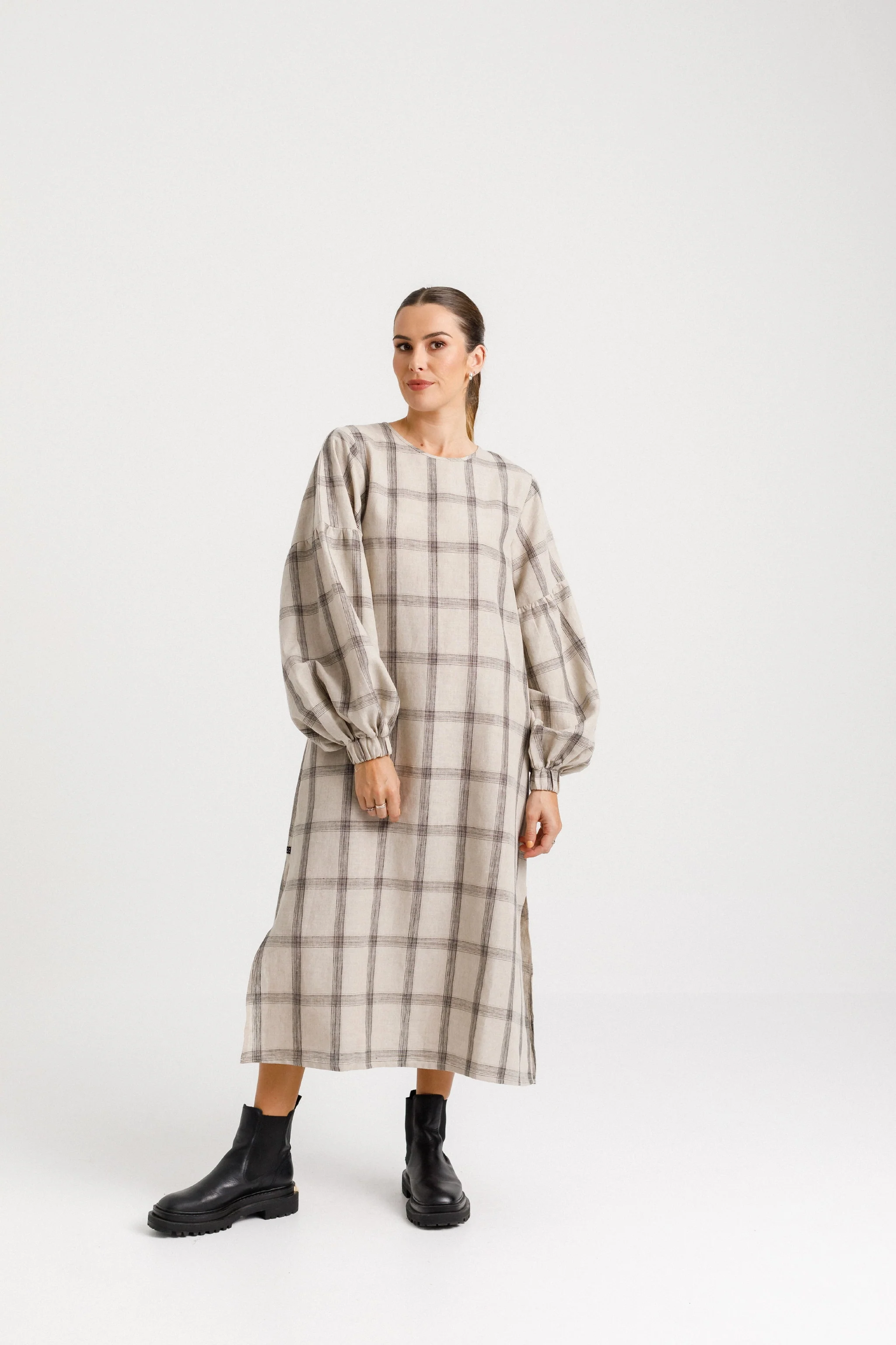 Coming Soon - Billowing Dress - Oat Plaid