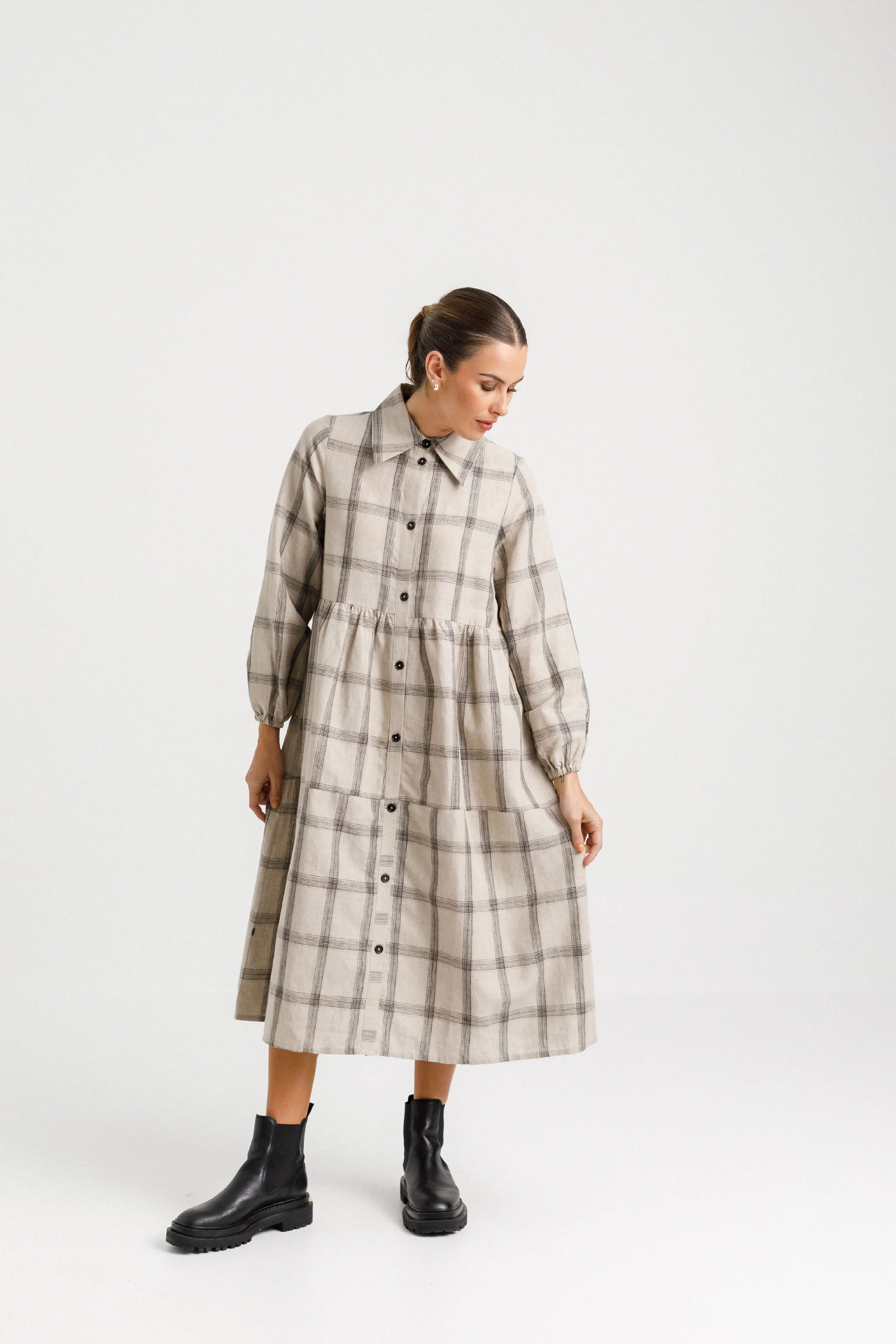 Aleah Dress - Oat Plaid