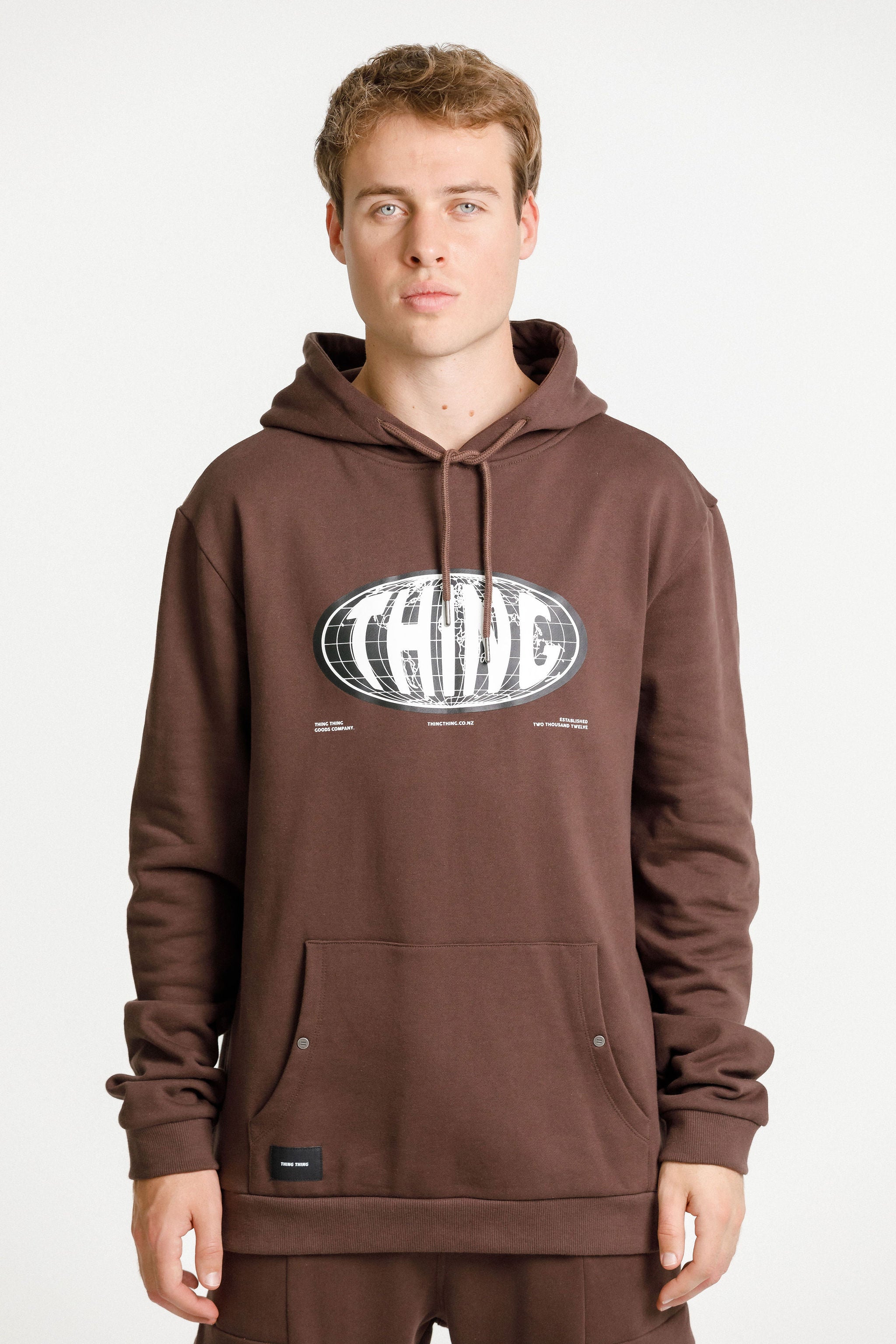 Title Hood - Chocolate with Globe Print