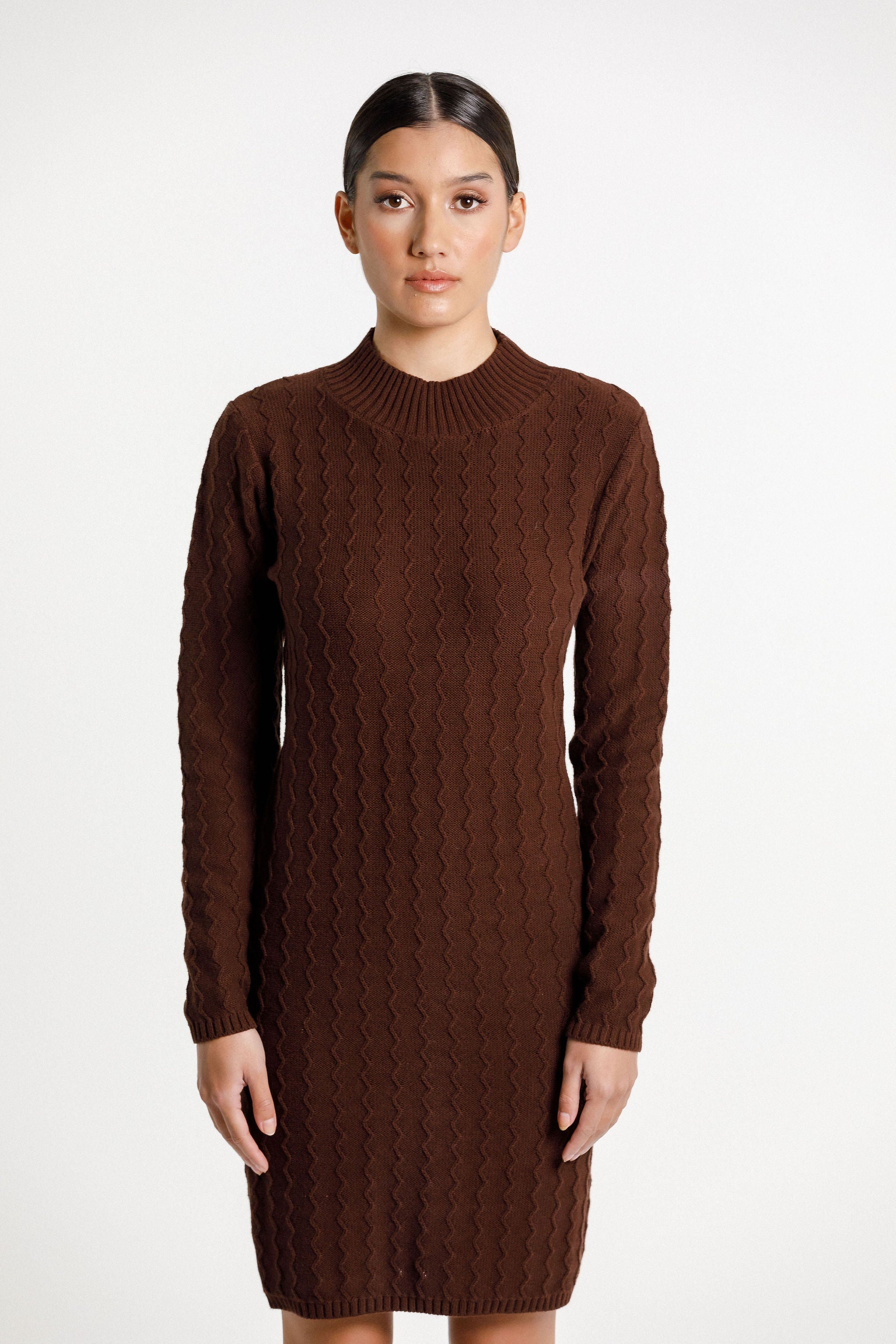 Zigzag Turtle Neck Dress - Chocolate