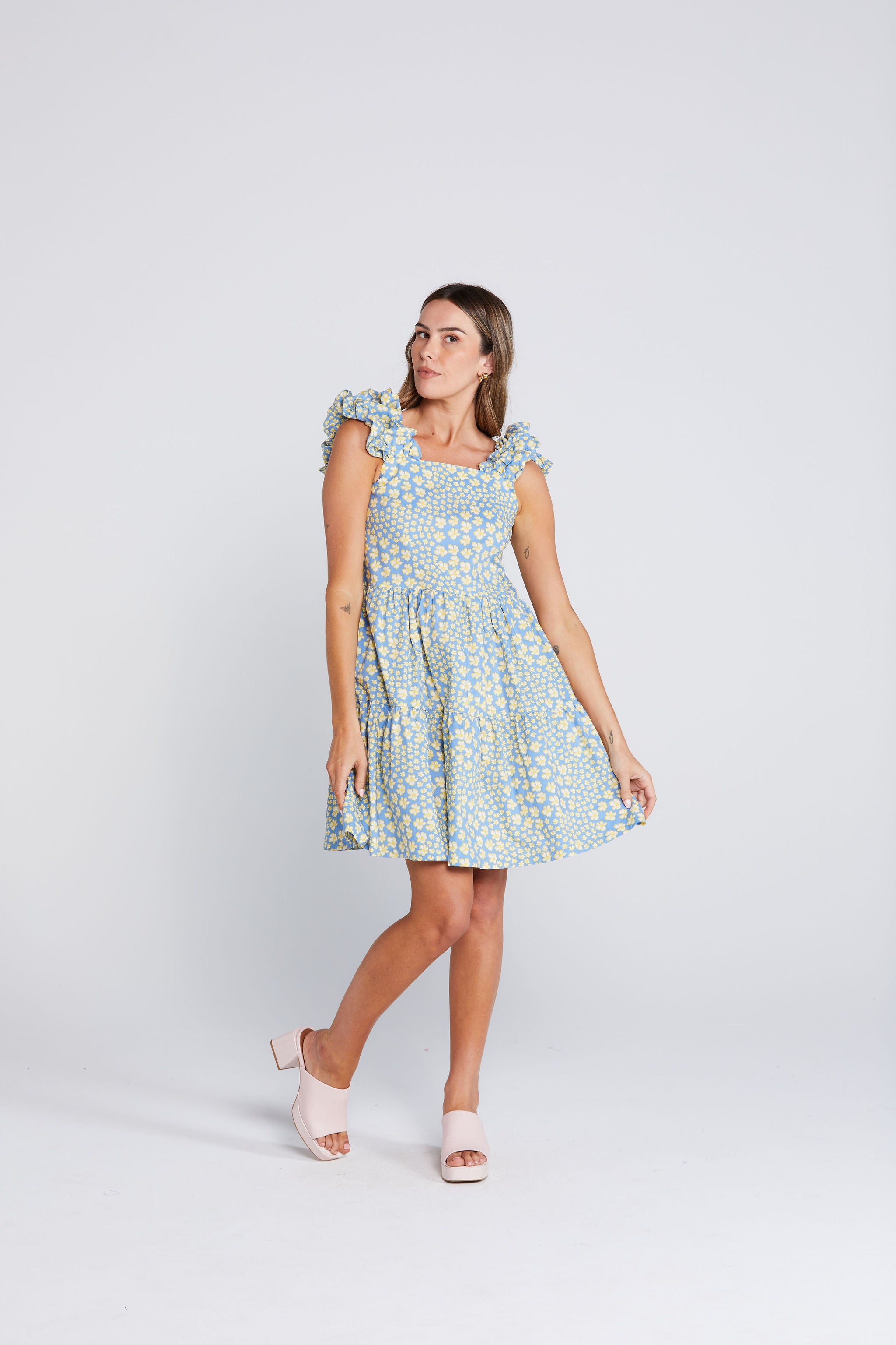 Zig Ruffle Dress - Sky Garden