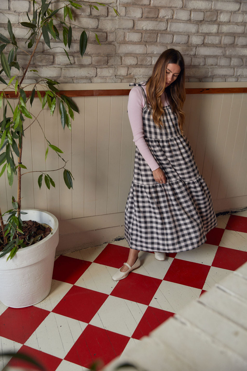 Tie Up Ziggy Dress - Soft Pink Check