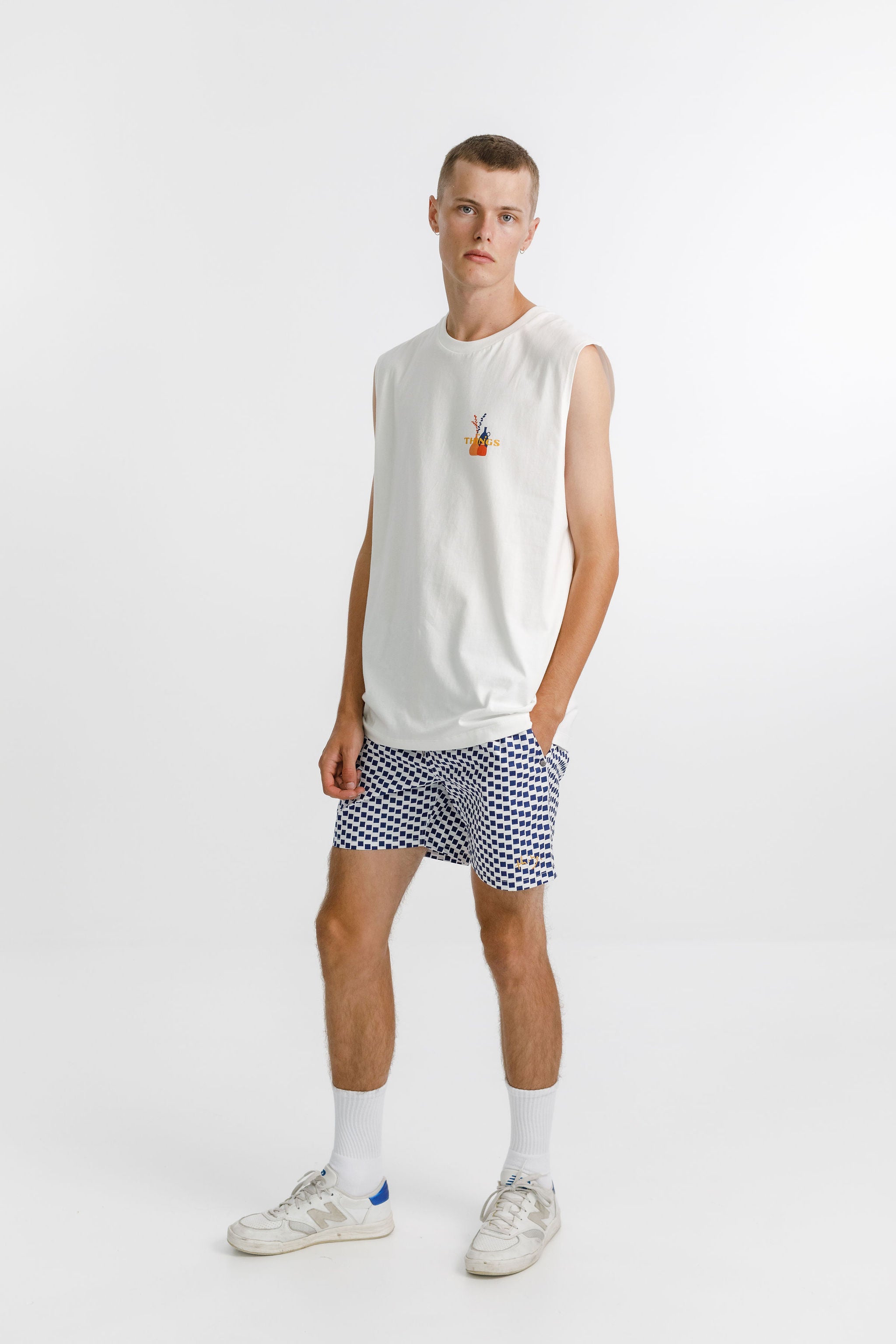 Naut Short - Navy Check with Hem Embroidery