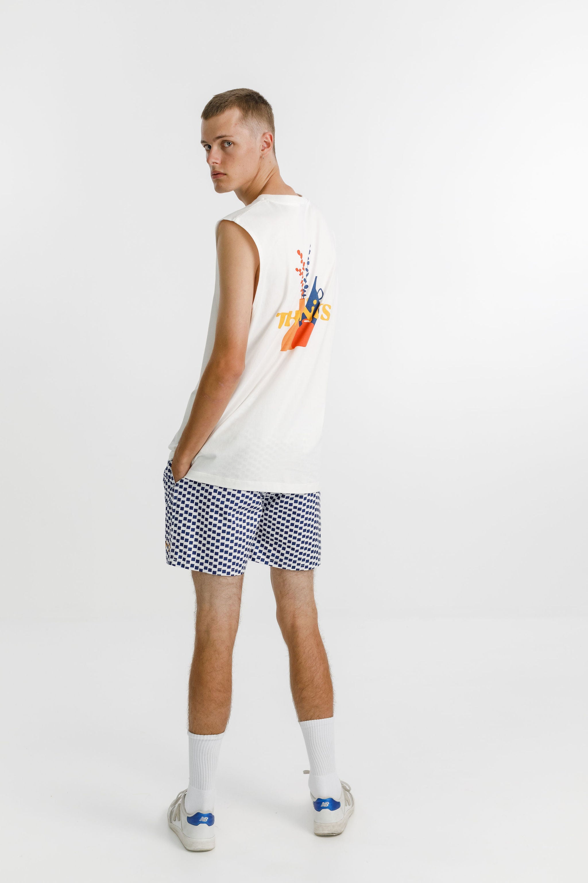 Naut Short - Navy Check with Hem Embroidery