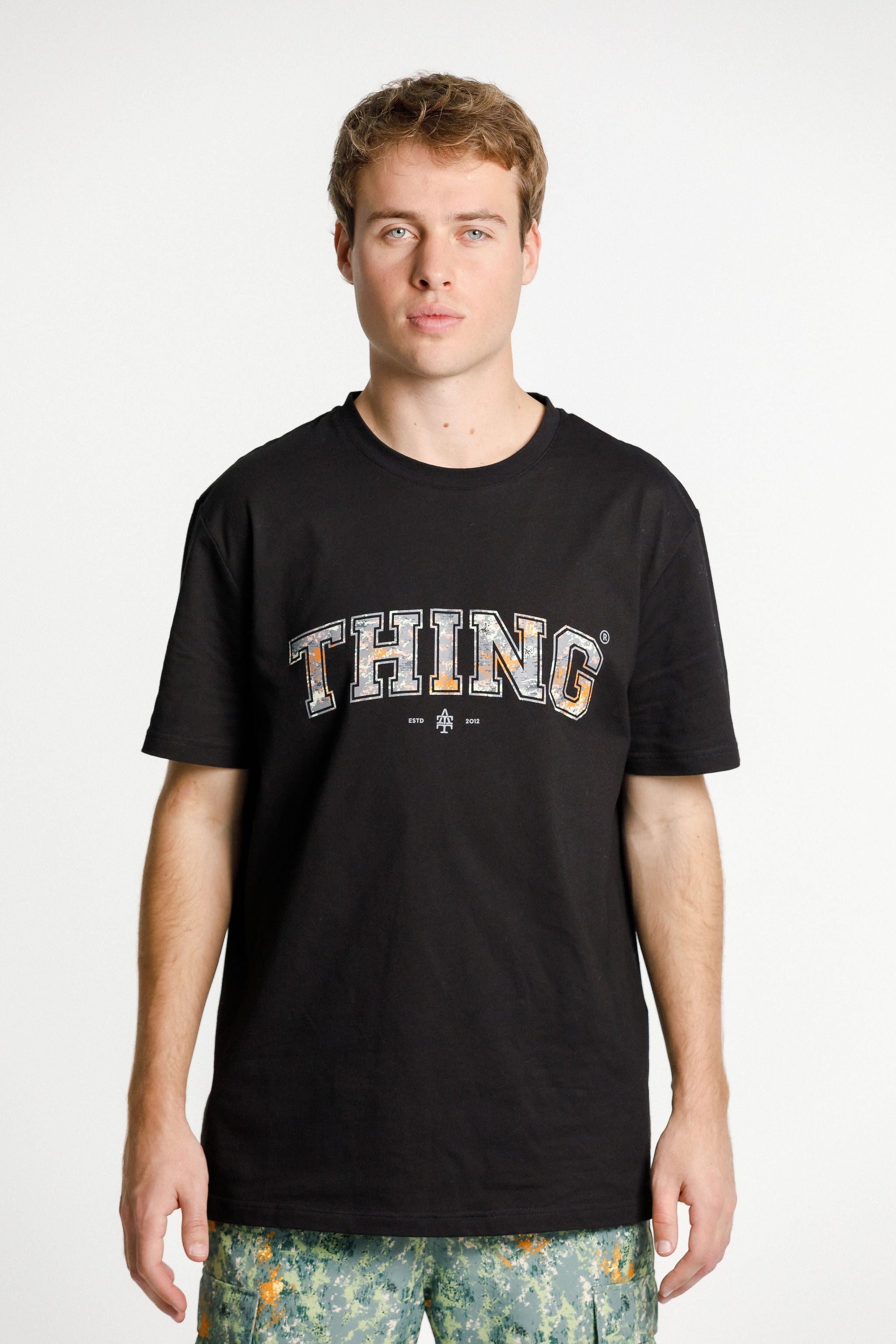 SS Tee - Sale - Black with Camo College Print