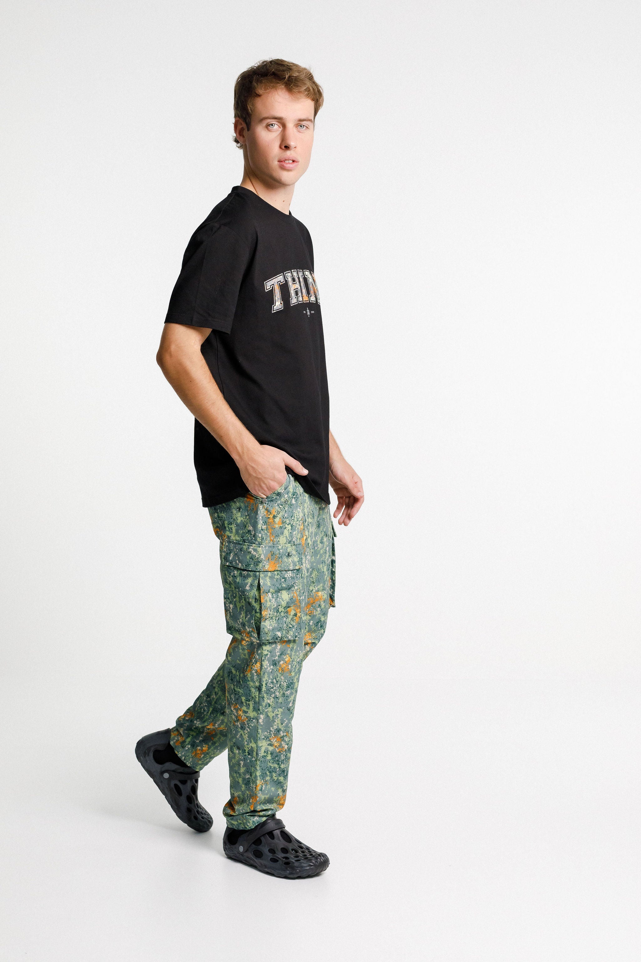 SS Tee - Black with Camo College Print
