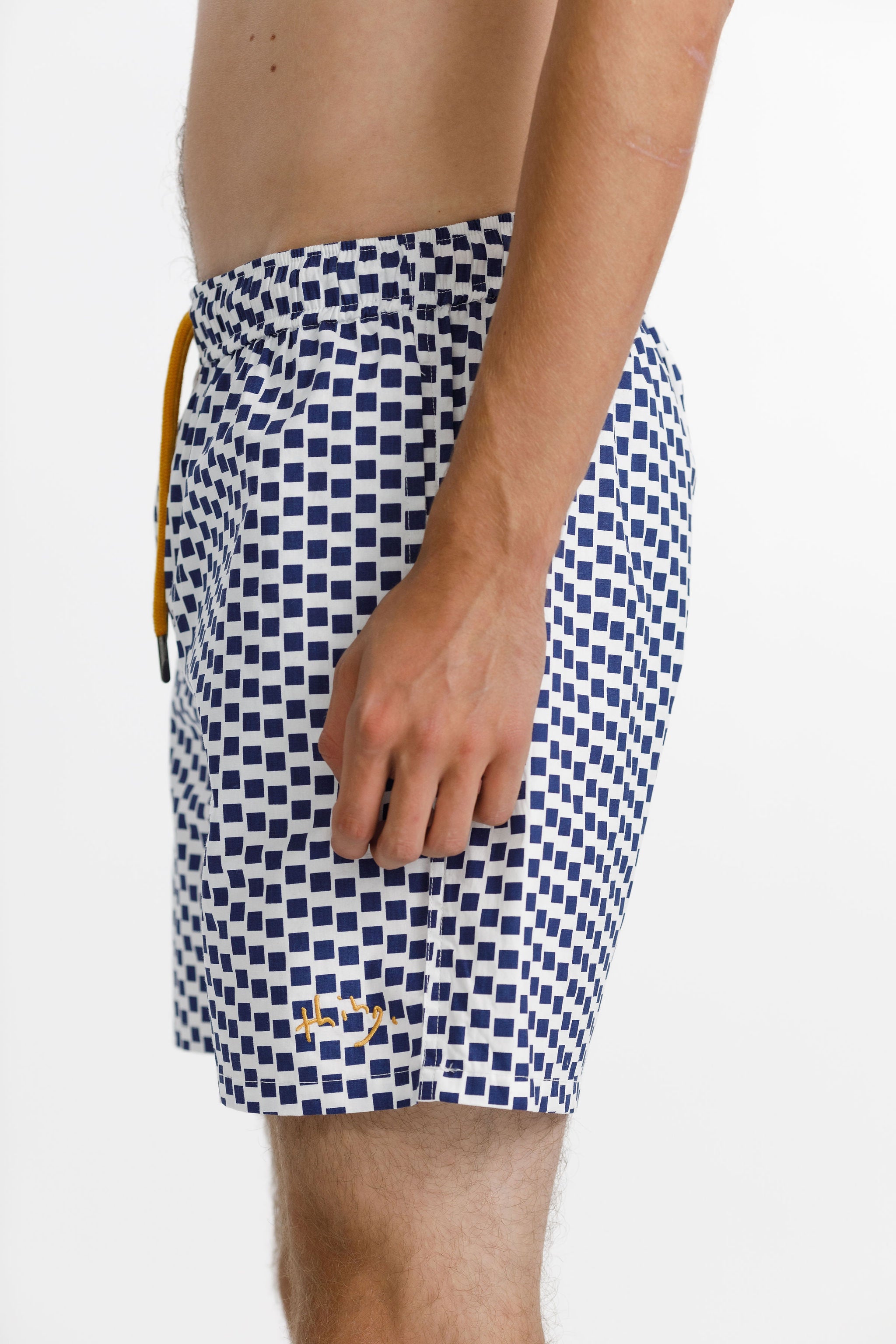 Naut Short - Navy Check with Hem Embroidery