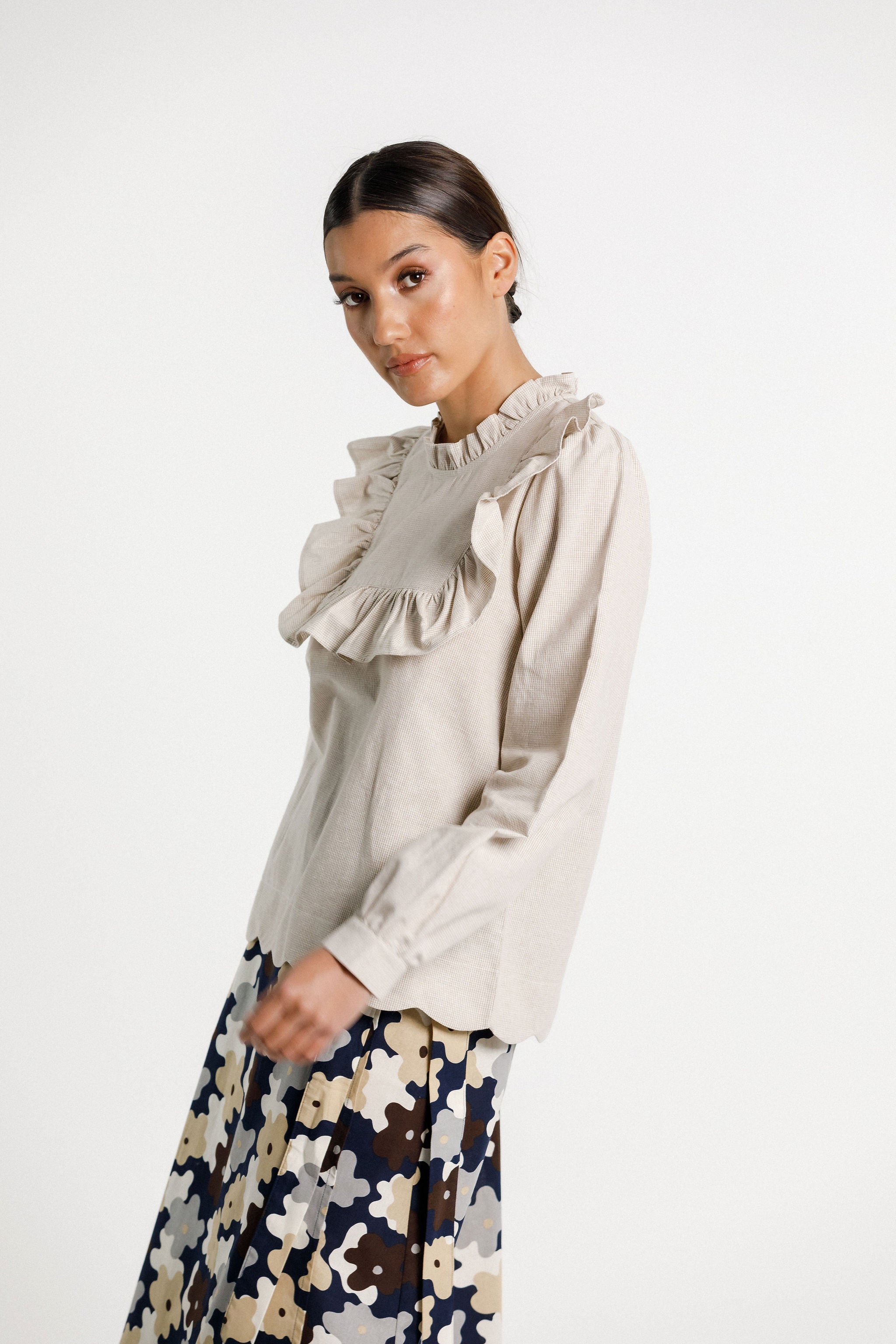Ruffle Top - Cream Latte Check