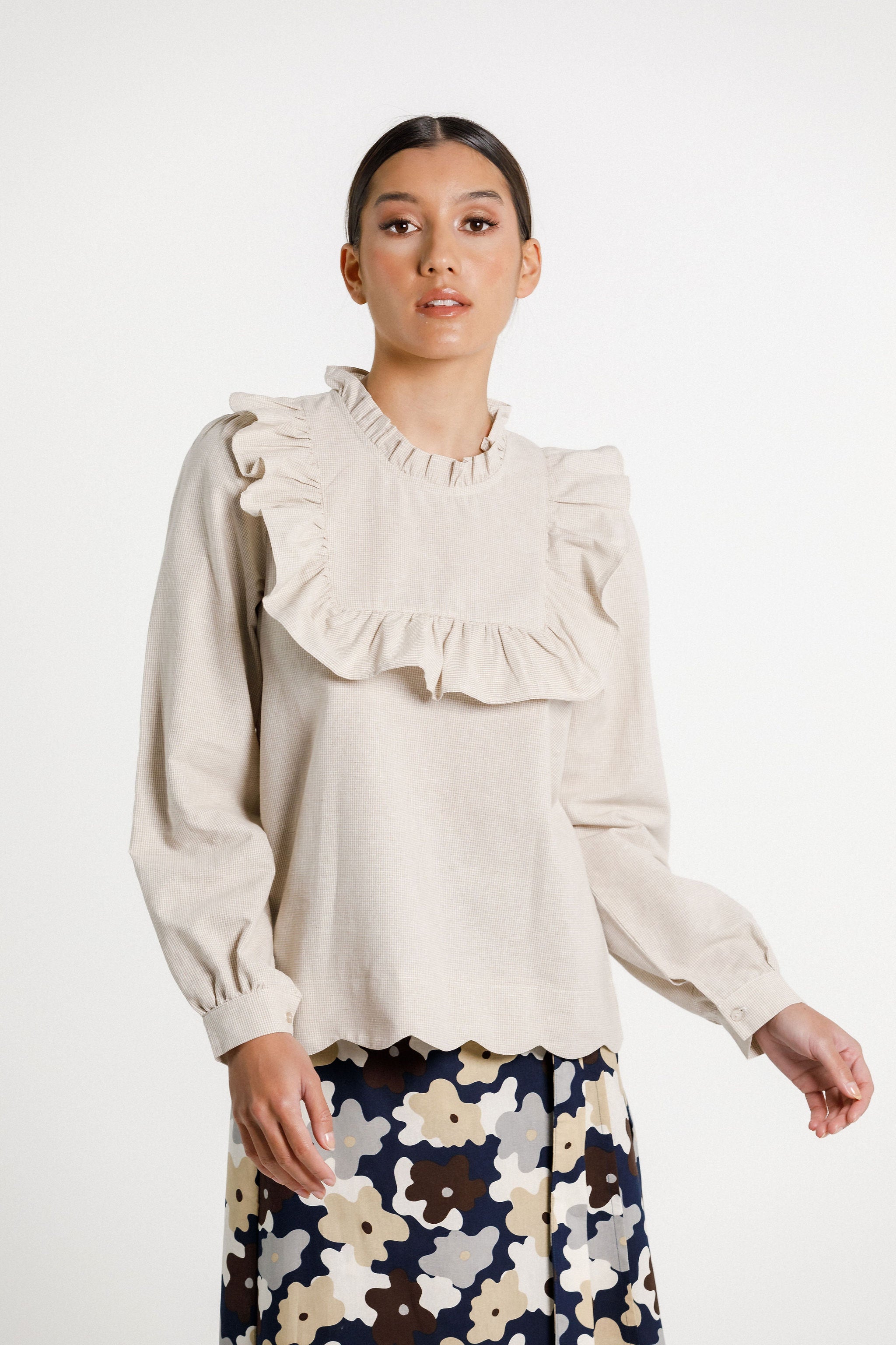 Ruffle Top - Cream Latte Check