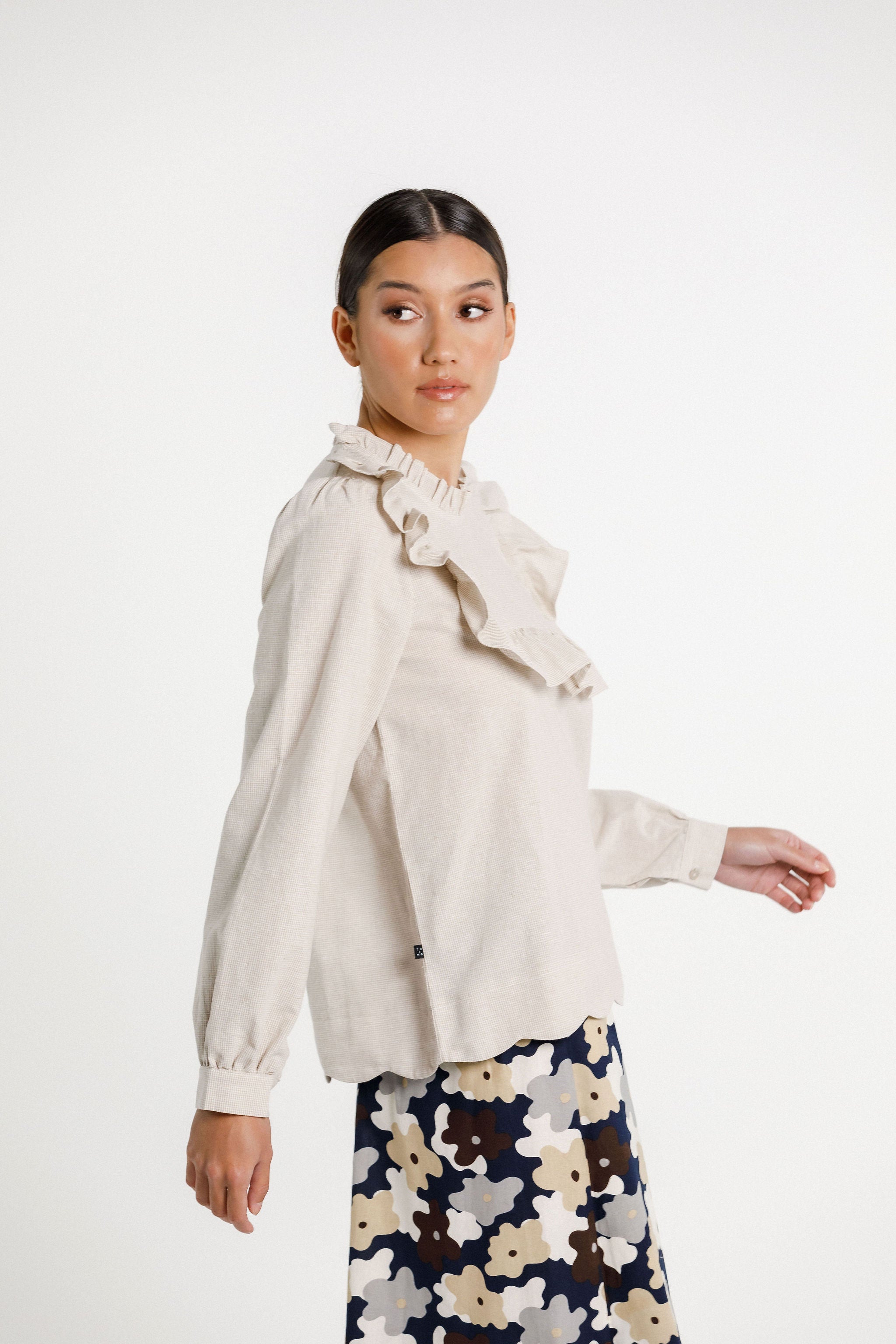 Ruffle Top - Cream Latte Check