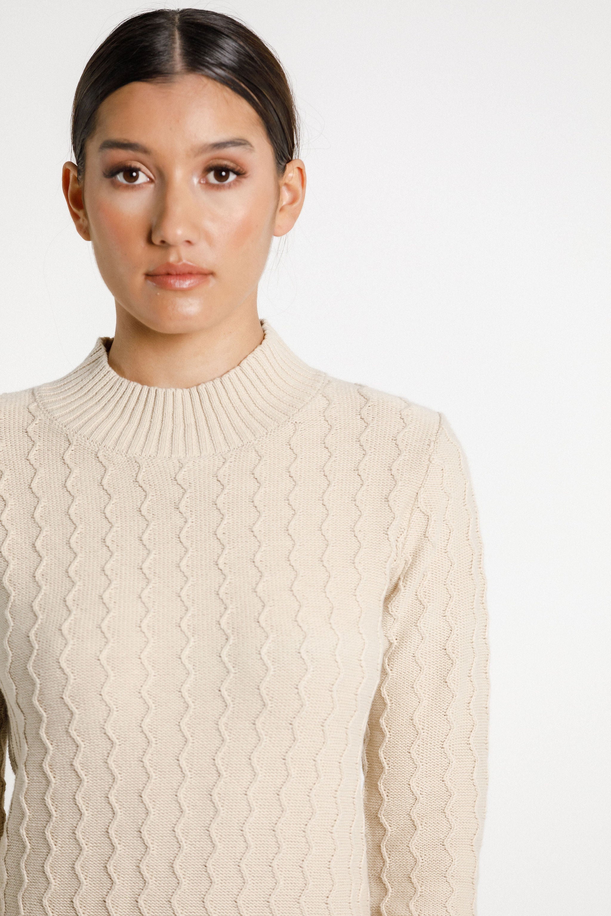 Zigzag Turtle Neck Dress - Latte